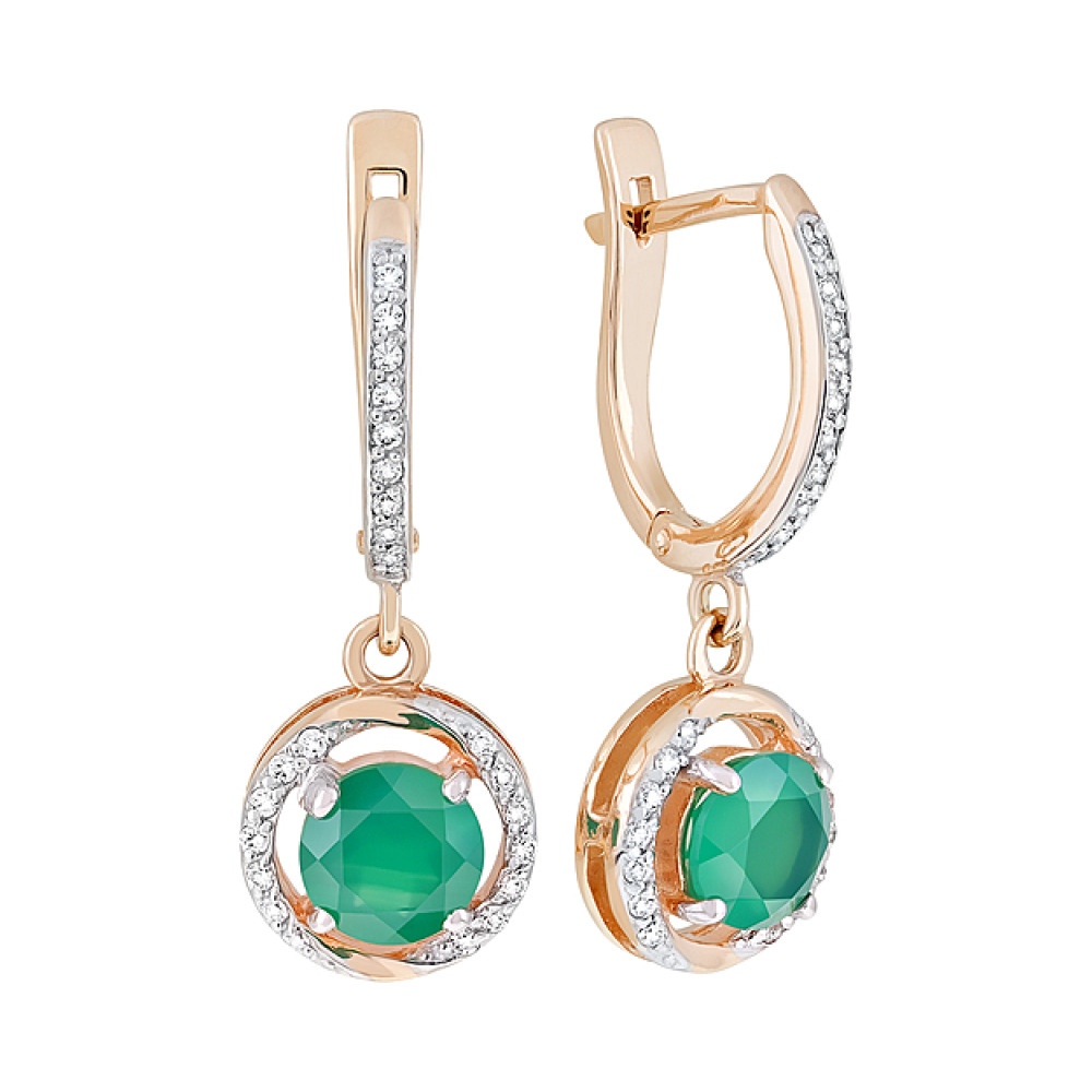 Золотые серьги с зелёным ониксом и фианитом № 127933