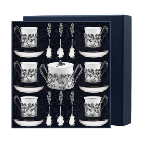 Набор Роза: блюдце, ложка, чашка, сахарница из серебра 925 пробы - 19 предметов