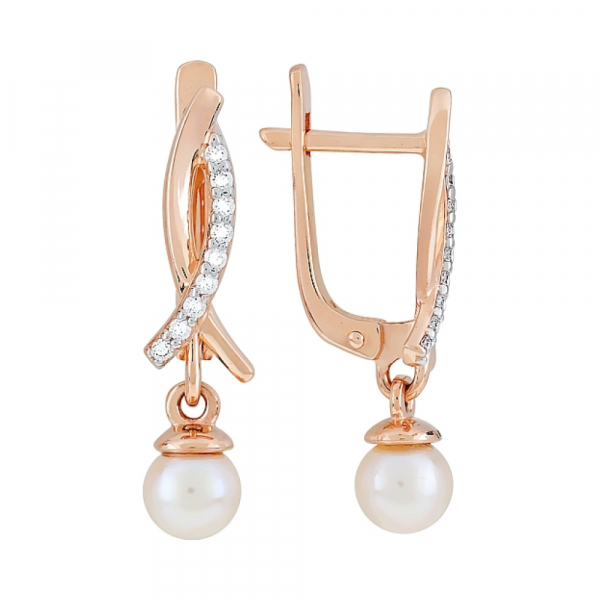 Золотые серьги с жемчугом и фианитом № 120141