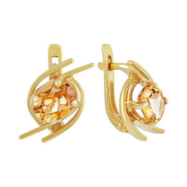 Серебряные серьги с цитрином и золотым покрытием № 135680