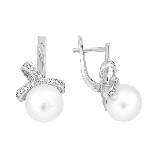 Золотые серьги с бриллиантом и жемчугом № 100026