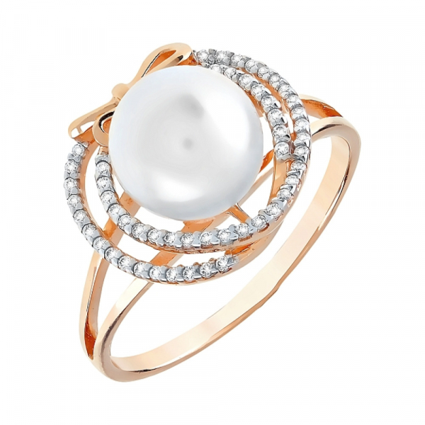 Золотое кольцо с жемчугом и фианитом № 112301