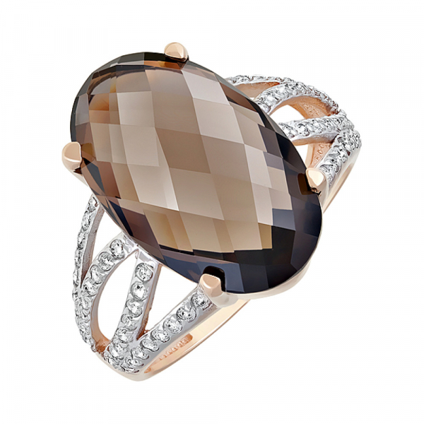 Золотое кольцо с раухтопазом и фианитом № 121046