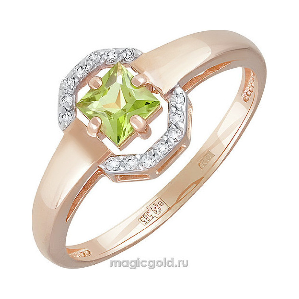 Золотое кольцо с хризолитом и фианитом № 141387