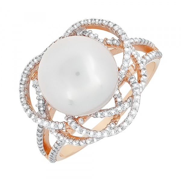 Золотое кольцо с жемчугом и фианитом № 118054
