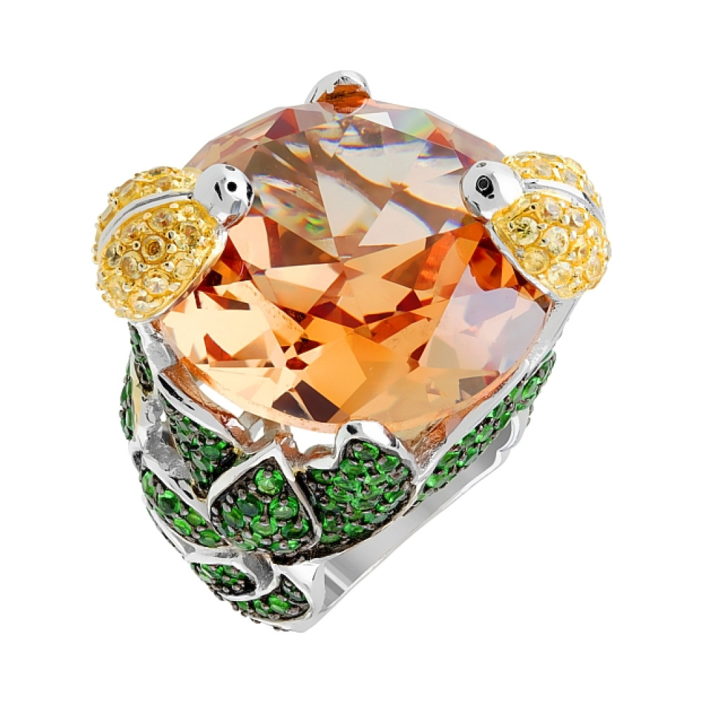 Серебряное кольцо с имитац изумруда .фианитом и зол. покрытием № 82453