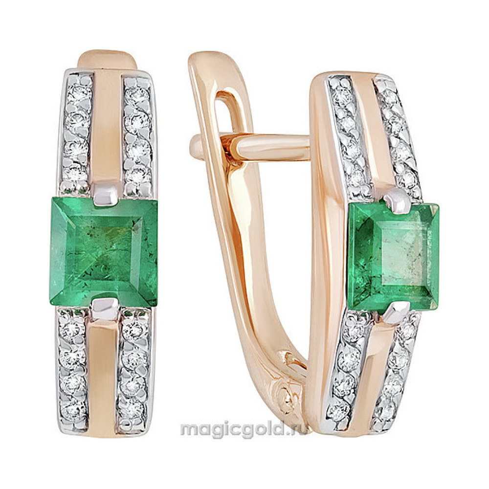 Золотые серьги с бриллиантом и изумрудом № 140257
