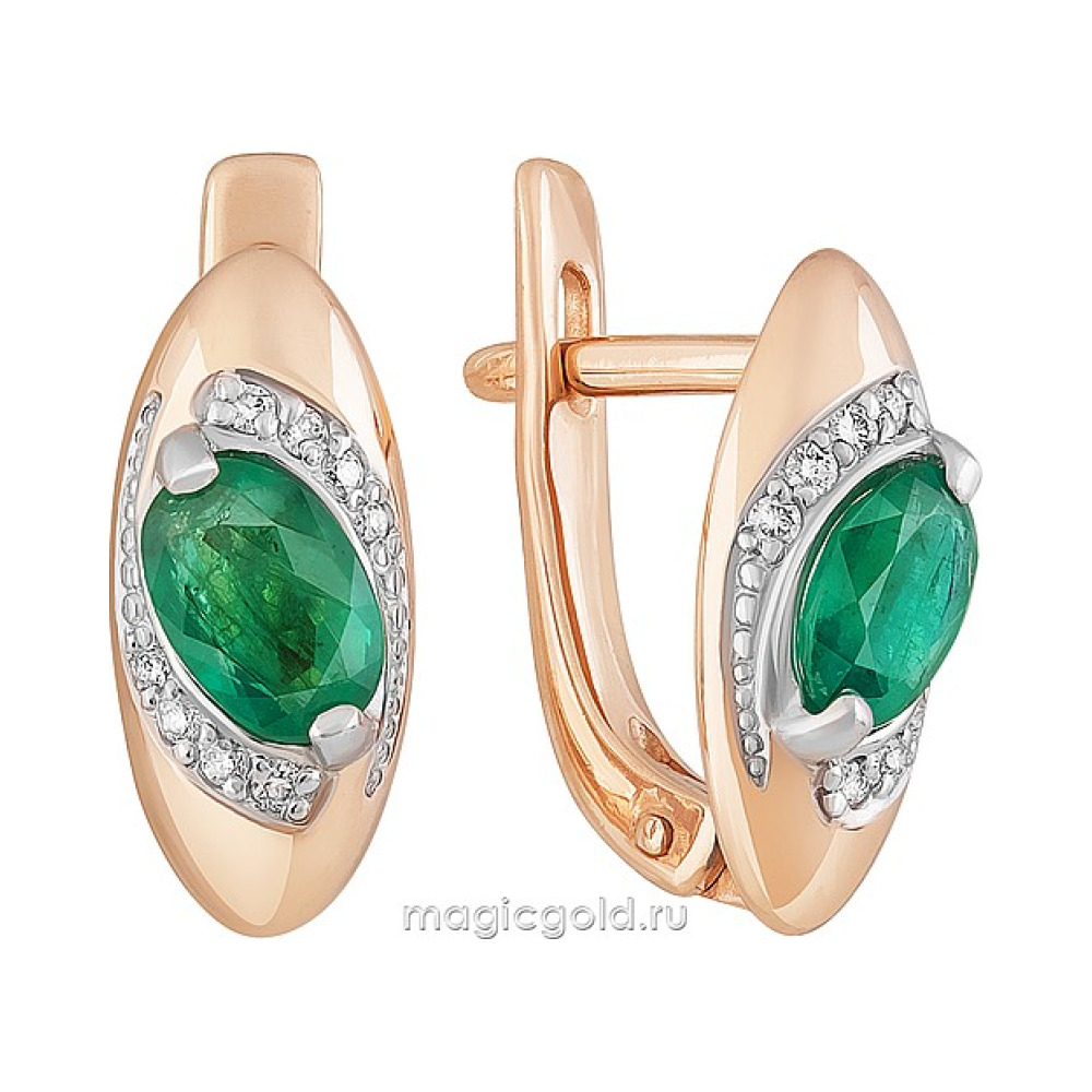 Золотые серьги с бриллиантом и изумрудом № 167162