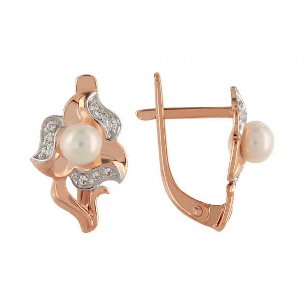 Золотые серьги с жемчугом и фианитом № 102060