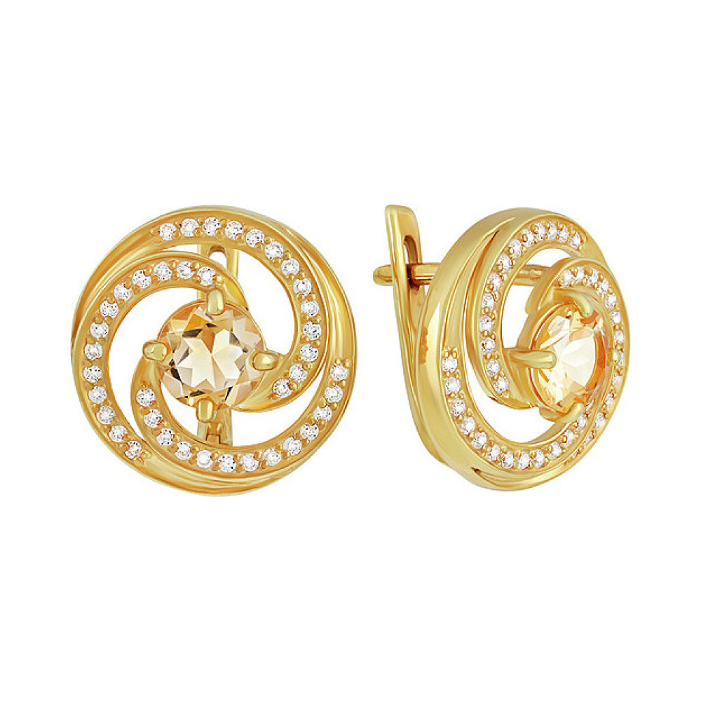 Серебряные серьги с цитрином,  фианитом и золотым покрытием № 133950