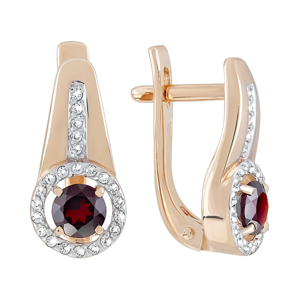 Золотые серьги с гранатом и фианитом № 120751