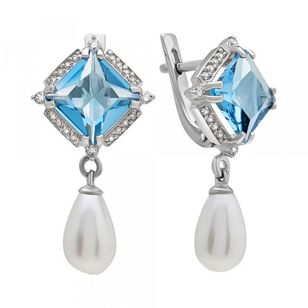 Серебряные серьги с алпанитом, перламутровым жемчугом и фианитом  № 134587