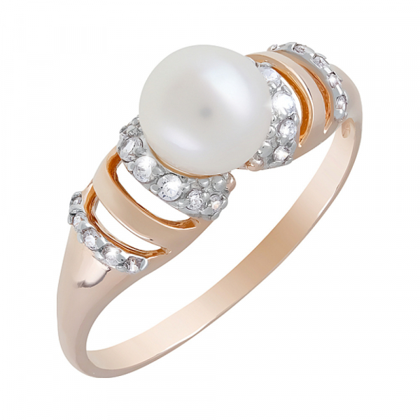 Золотое кольцо с жемчугом и фианитом № 122244