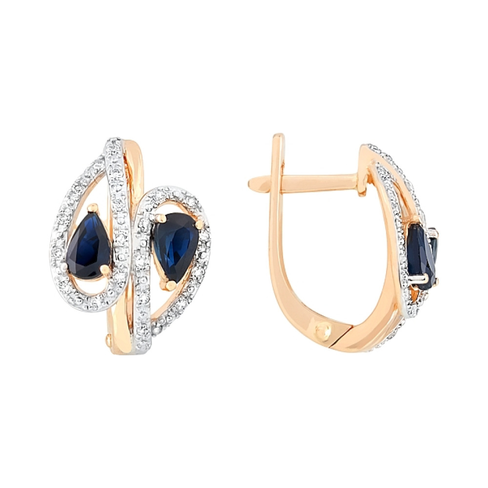 Золотые серьги с бриллиантом и сапфиром № 113753