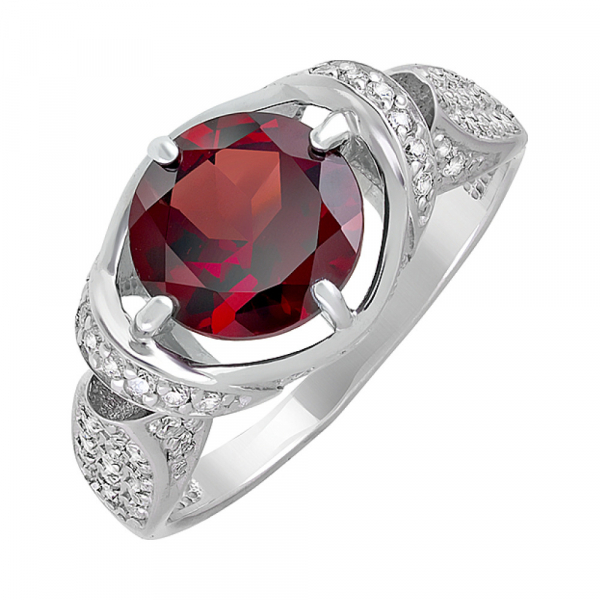Серебряное кольцо с гранатом и фианитом № 128010