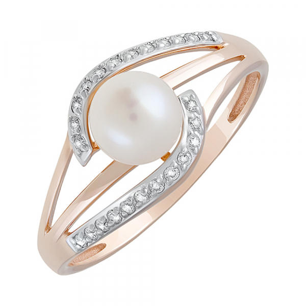 Золотое кольцо с жемчугом и фианитом № 126938