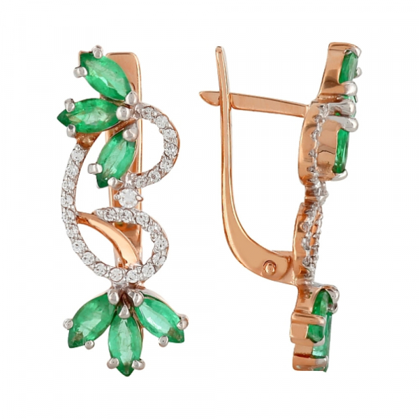 Золотые серьги с изумрудом и фианитом № 85864