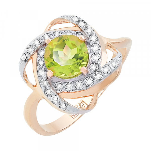 Золотое кольцо с хризолитом и фианитом № 81301