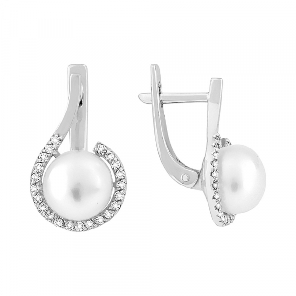 Золотые серьги с бриллиантом и жемчугом № 96850