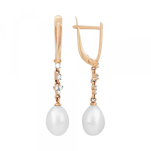 Золотые серьги с жемчугом и фианитом № 115212