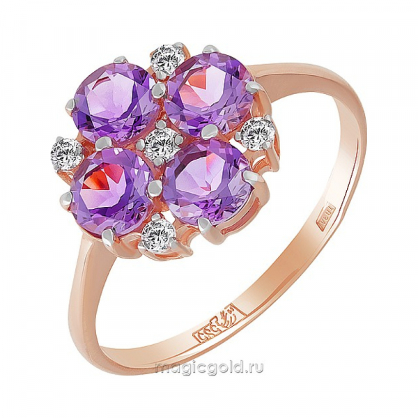 Золотое кольцо с аметистом и фианитом № 139792