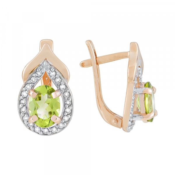 Золотые серьги с хризолитом и фианитом № 118248