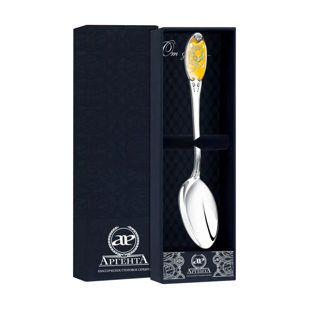 Ложка чайная с логотипом Тигр с позолотой в футляре из серебра 925 пробы