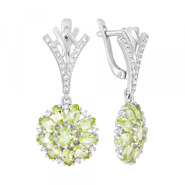 Серебряные серьги с хризолитом и фианитом № 123281