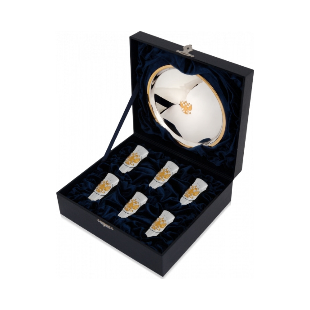 Набор из 6 серебряных стопок «Герб» полированных с позолотой и подносом «Герб»