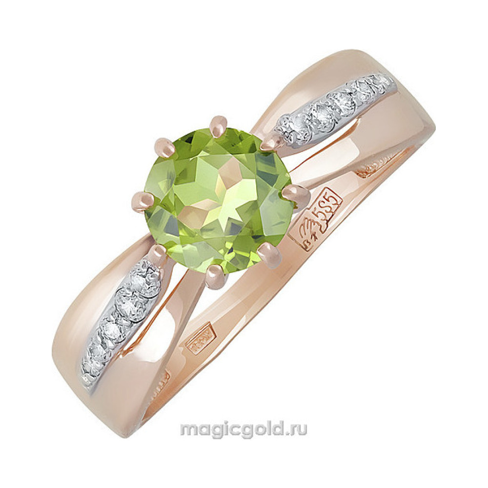 Золотое кольцо с хризолитом и фианитом № 139442