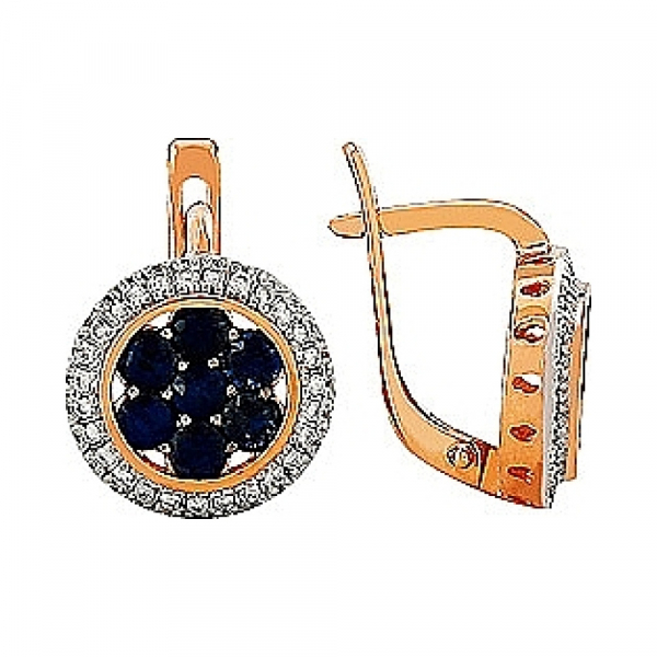 Золотые серьги с бриллиантом и сапфиром № 106836