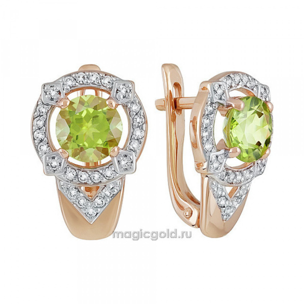 Золотые серьги с хризолитом и фианитом № 137565