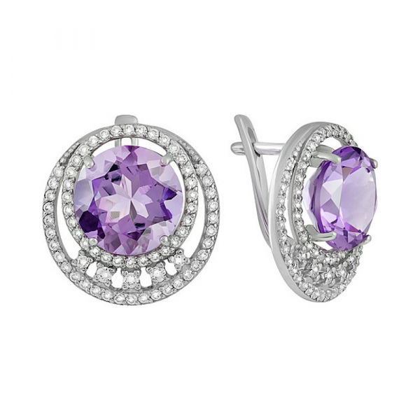 Серебряные серьги с аметистом и фианитом № 134029