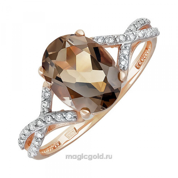 Золотое кольцо с раухтопазом и фианитом № 139886