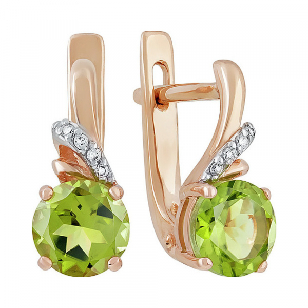 Золотые серьги с хризолитом и фианитом № 133385