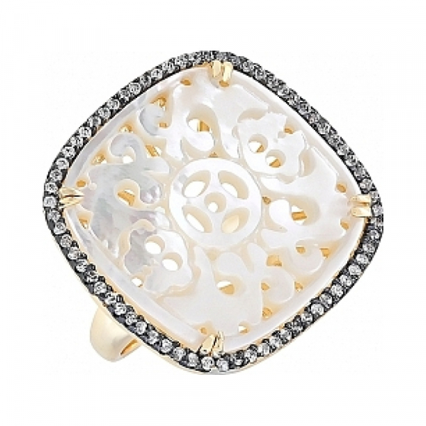 Серебряное кольцо с перламутром, фианитом и золот. покрытием № 114291