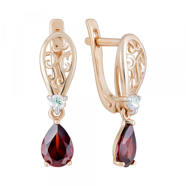 Золотые серьги с гранатом и фианитом № 124493