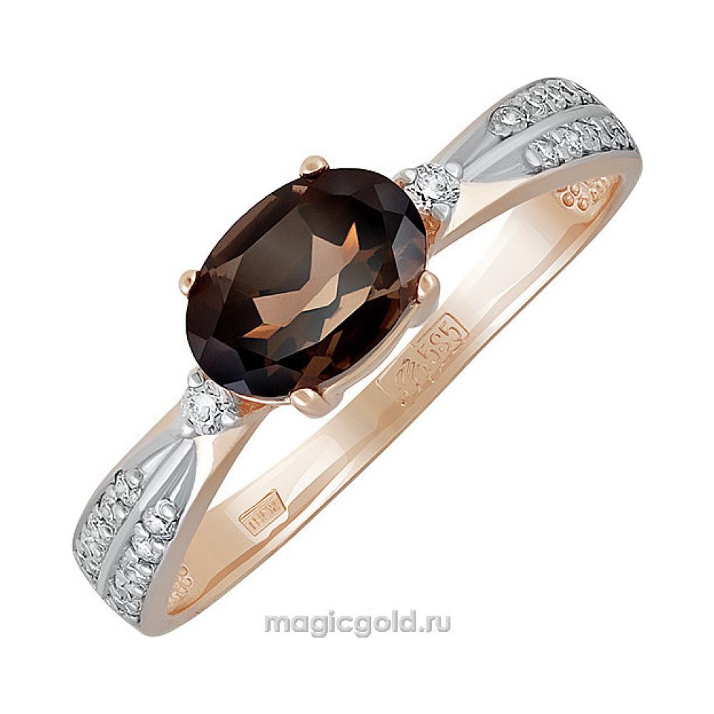 Золотое кольцо с раухтопазом и фианитом № 139795