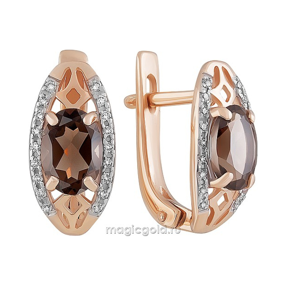 Золотые серьги с раухтопазом и фианитом № 158982