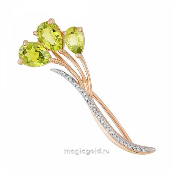 Золотая брошь с хризолитом и фианитом № 164304