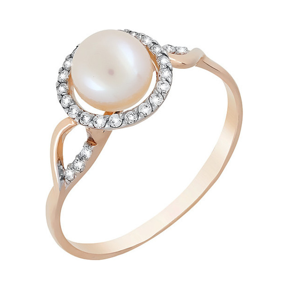 Золотое кольцо с жемчугом и фианитом № 119017