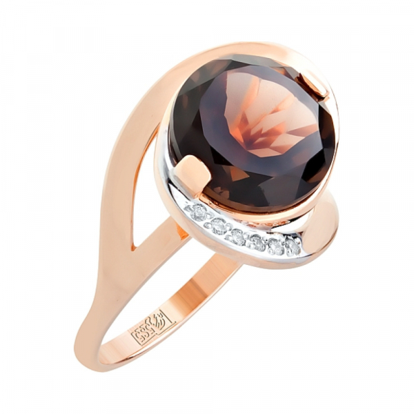 Золотое кольцо с раухтопазом и фианитом № 96189