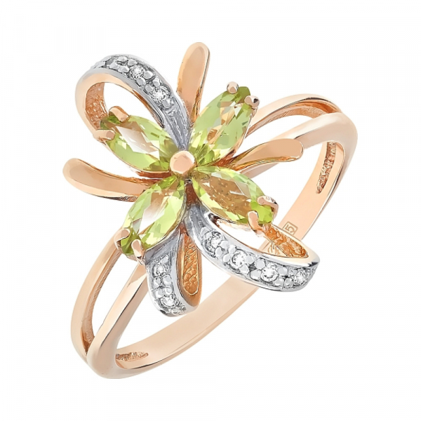 Золотое кольцо с хризолитом и фианитом № 105185