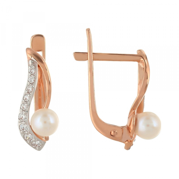 Золотые серьги с жемчугом и фианитом № 102062