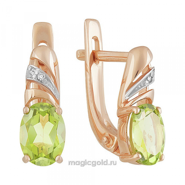 Золотые серьги с хризолитом и фианитом № 159636