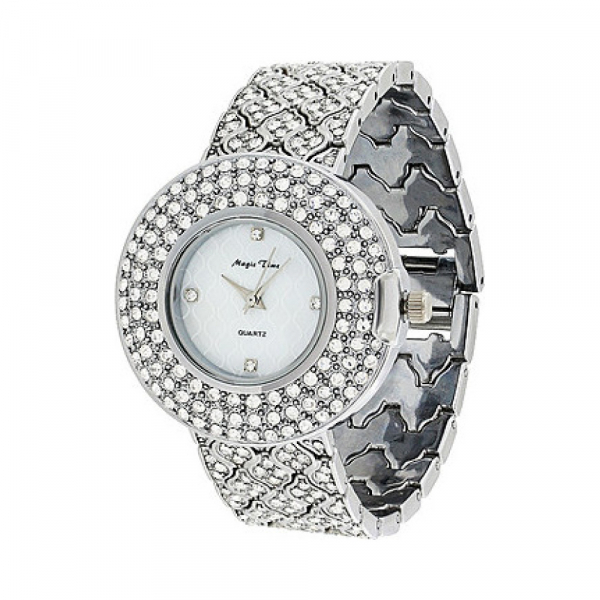 Часы кварцевые Magic Time с фианитами и перламутром на белом ремешке № 85349