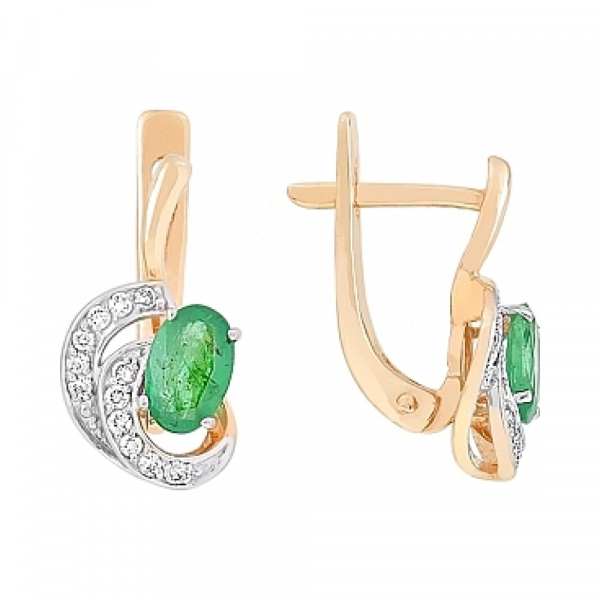 Золотые серьги с бриллиантом и изумрудом № 104762