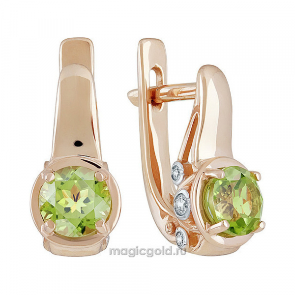 Золотые серьги с хризолитом и фианитом № 139246