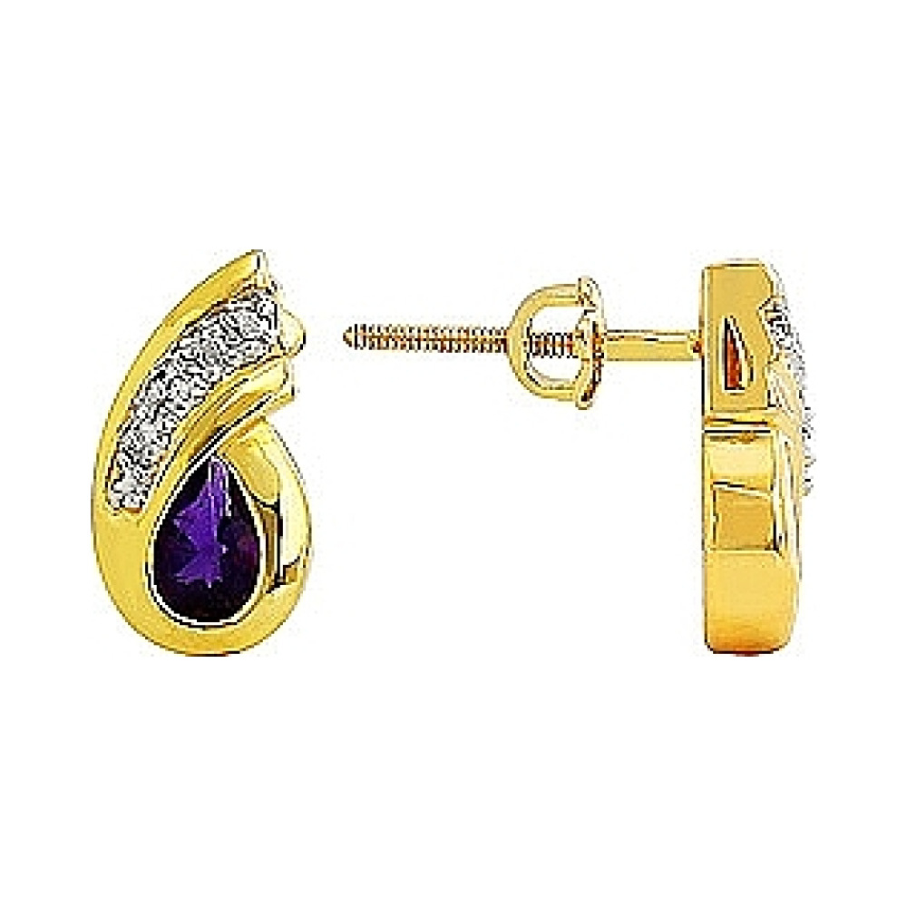 Серебряные серьги с аметистом фианитом и золот.покрытием № 80401