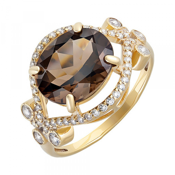 Серебряное кольцо с раухтопазом, фианитом и золотым покрытием № 132615